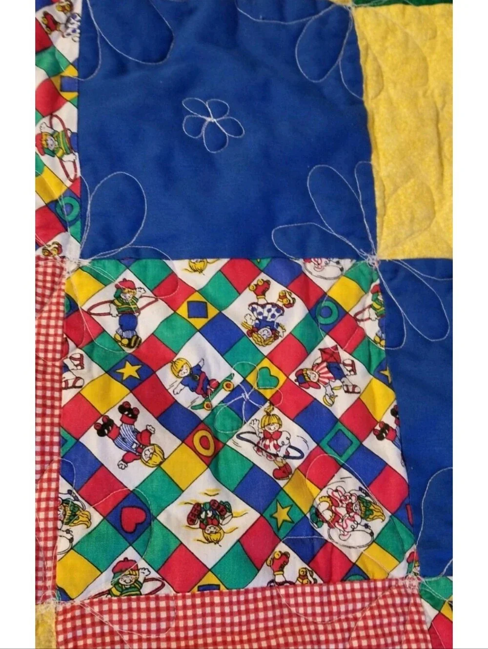 Vintage Baby Child Lap Quilt Blanket Childhood Activity Blue, Yellow, Green, Red